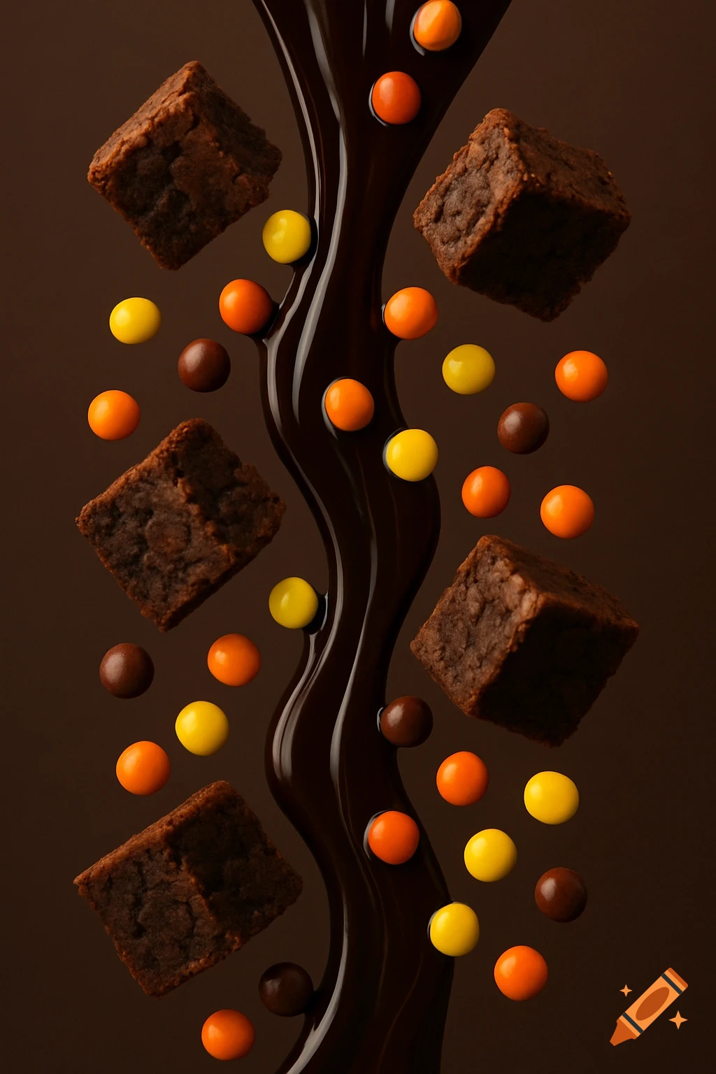 Floating brownie pieces, Reese's Pieces candies, and chocolate syrup stream against a brown background.