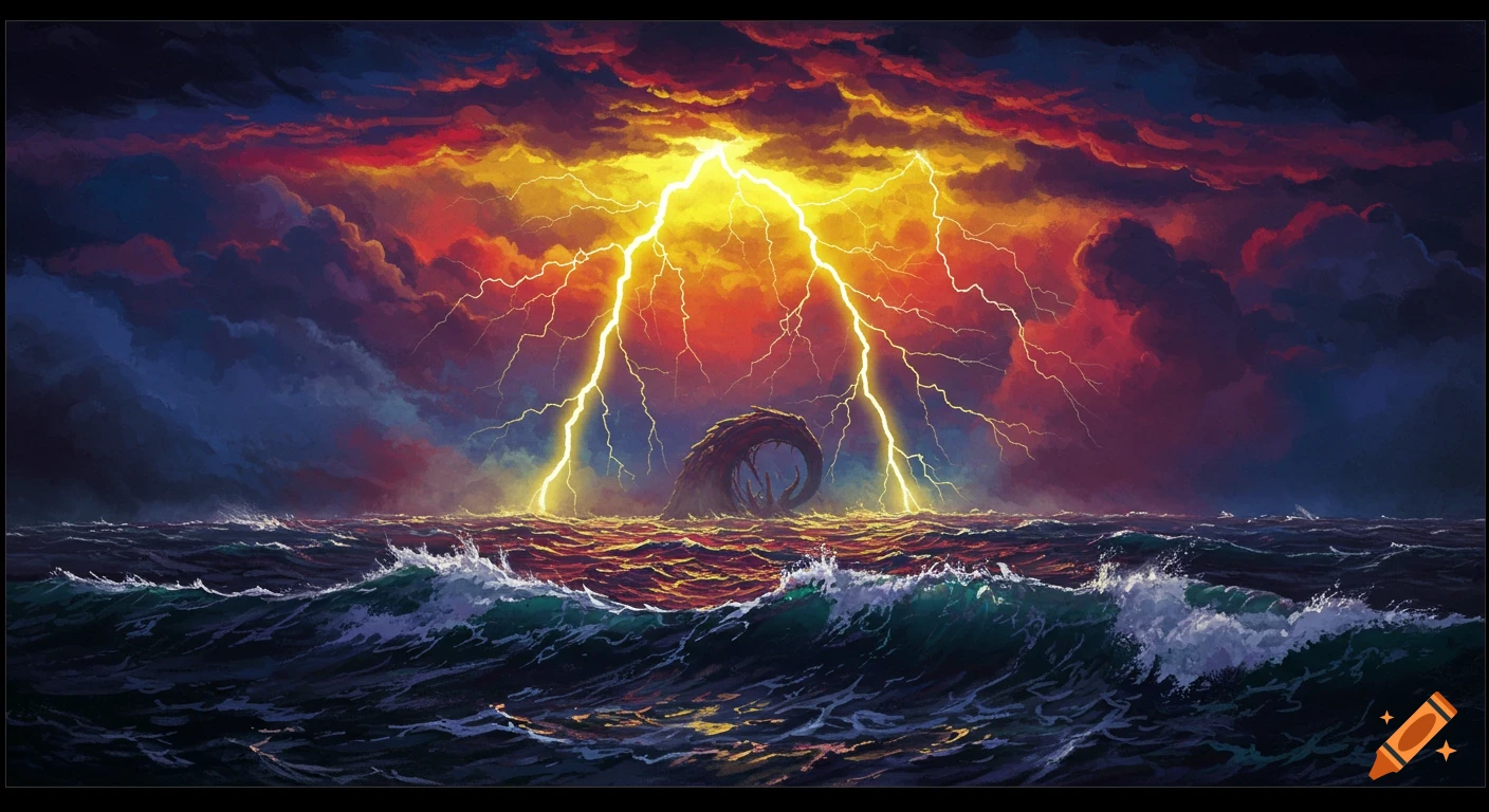 A large sea monster emerges from stormy waters under a sky filled with dramatic lightning, painted style.