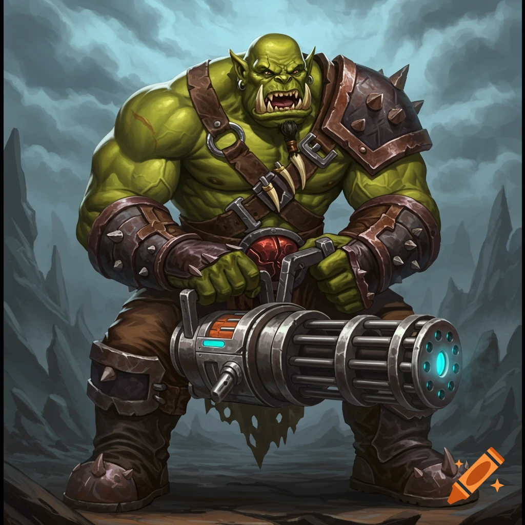 A muscular green orc in armor holds a large minigun in a digital painting.