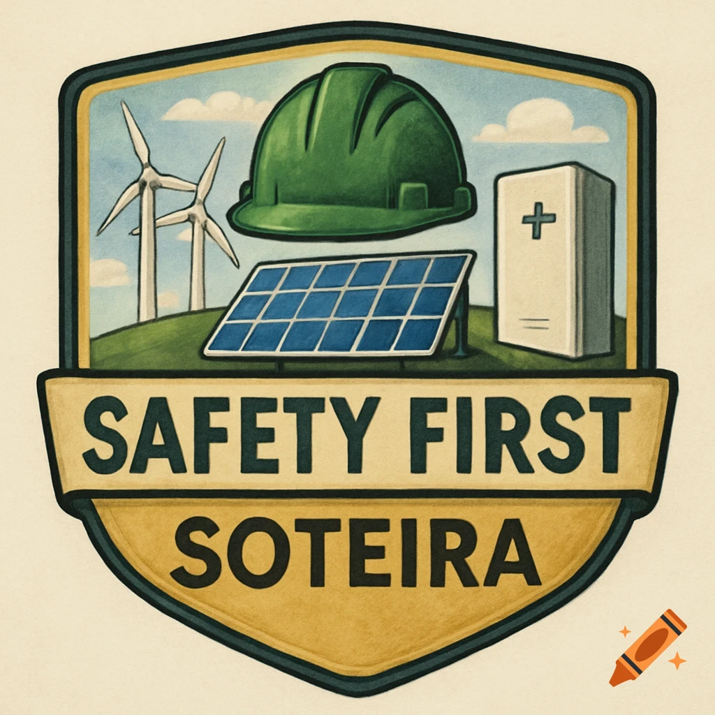 Illustrated shield icon with hard hat, wind turbines, solar panel, battery pack, and text 'SAFETY FIRST SOTEIRA'.