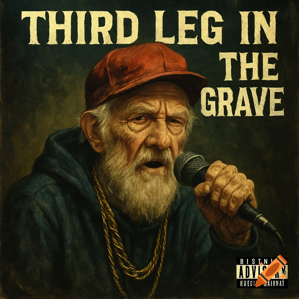 Painting of an old man with a beard wearing a cap and gold chains, holding a microphone.