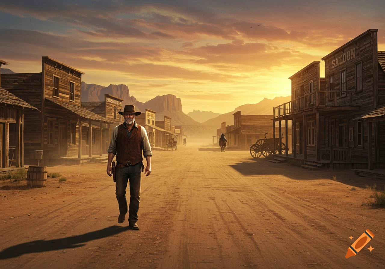 A cowboy walks down the dusty street of an old western town at sunset.