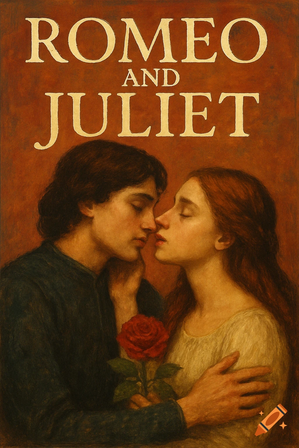 Painting of Romeo and Juliet embracing with a red rose, title text above, in a classical art style.