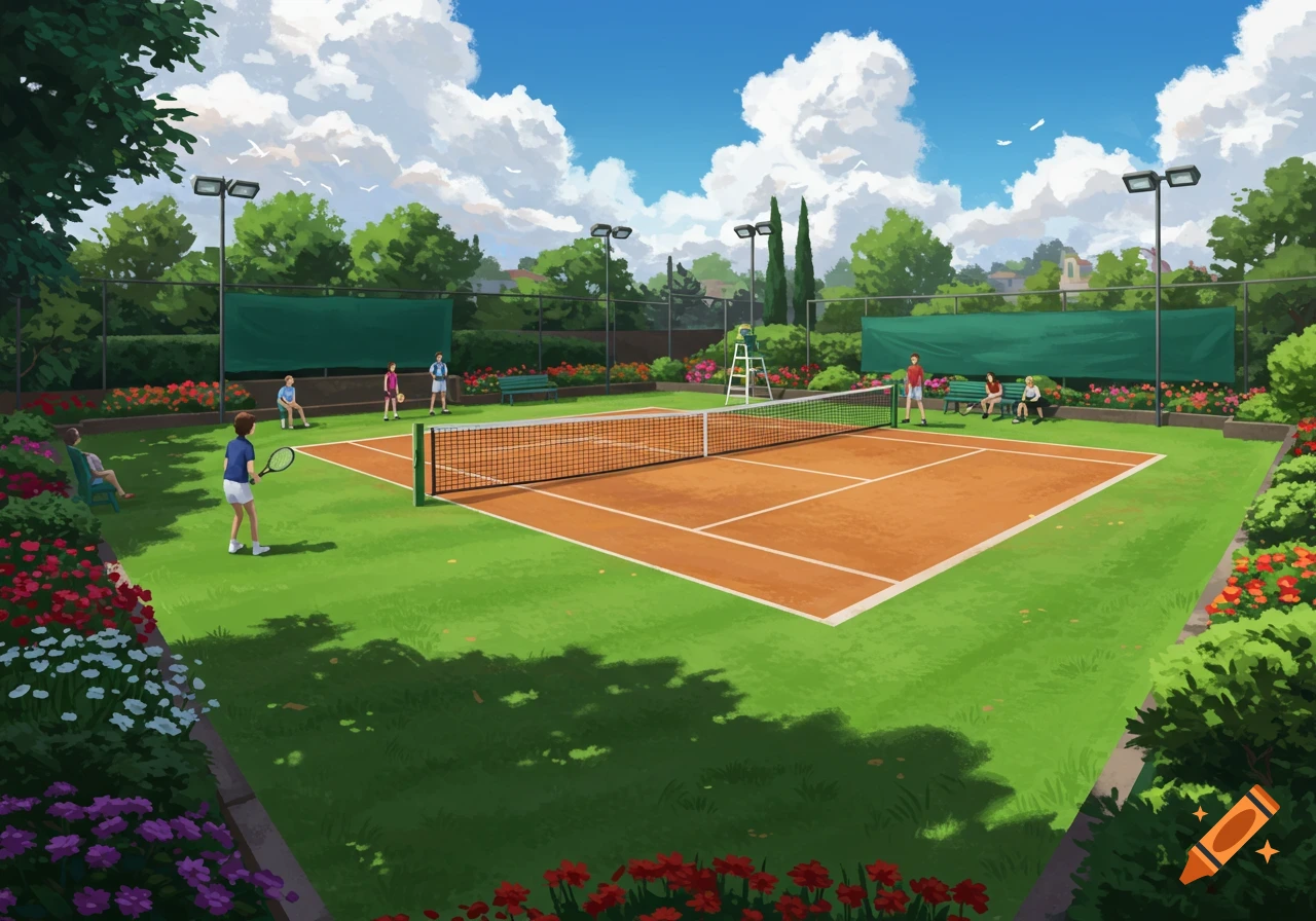 An illustrated view of a tennis court with people playing and spectators, surrounded by trees and flowers under a blue sky.