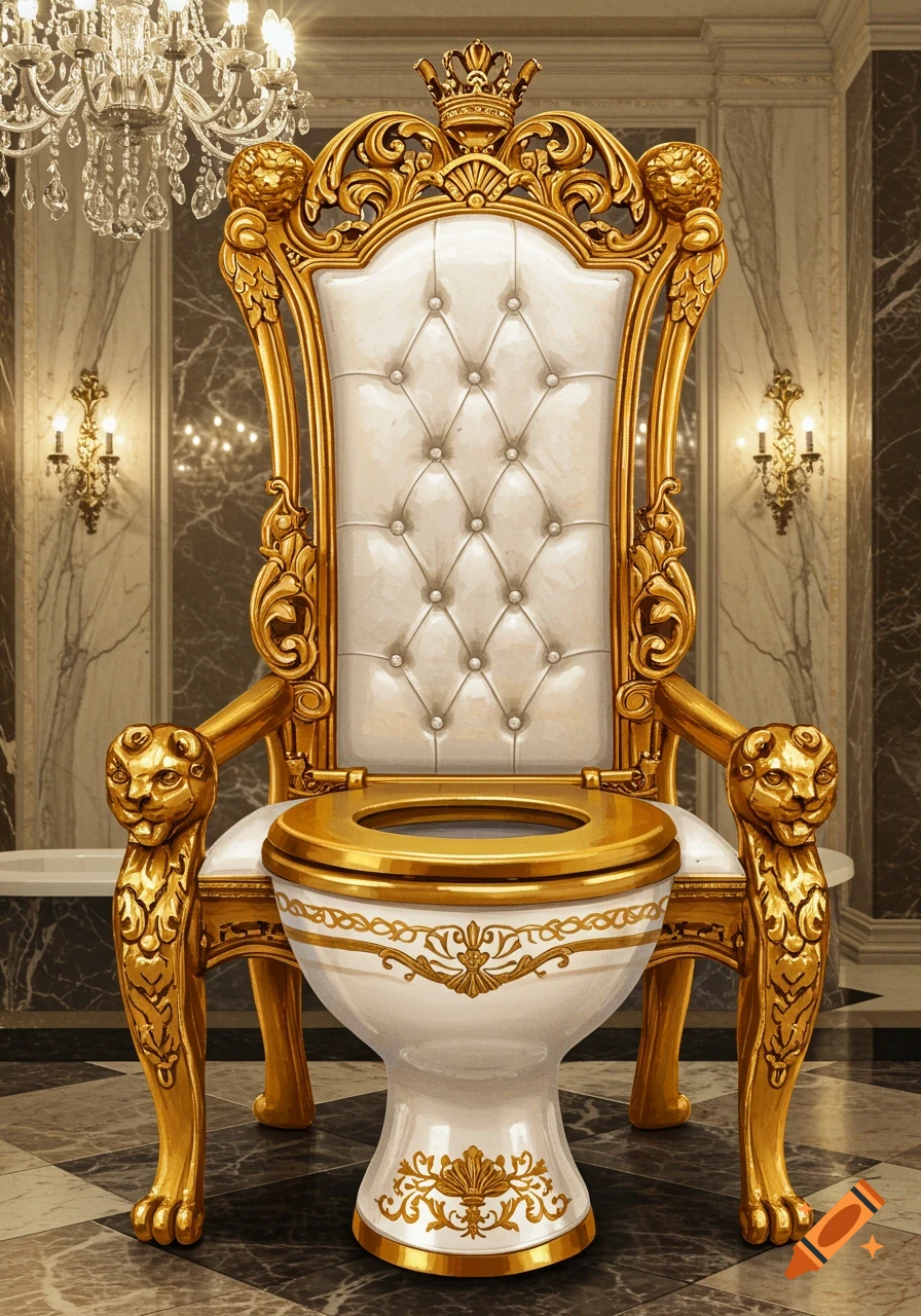 Luxurious toilet designed as a golden throne in a marble bathroom.