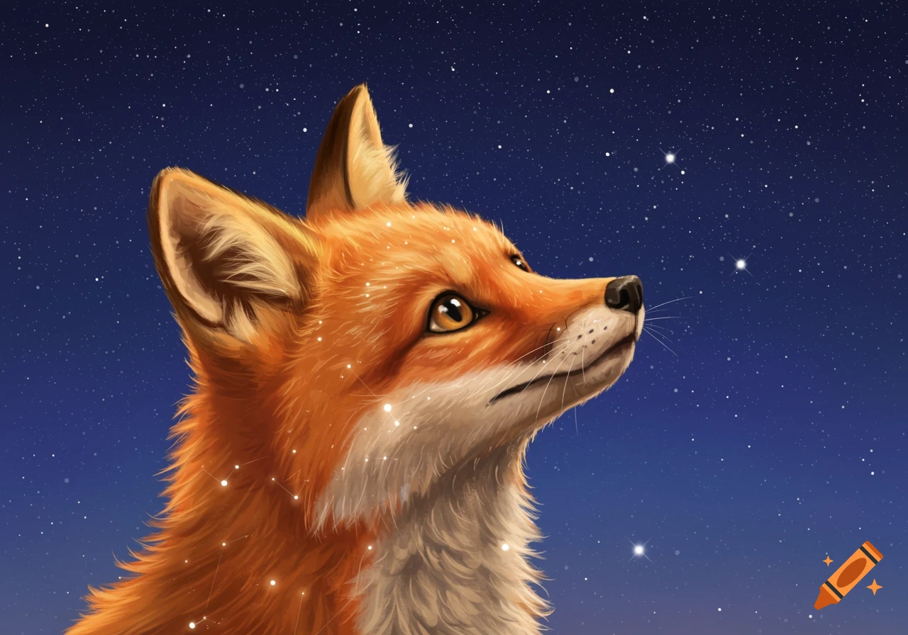 A detailed illustration of a fox looking up at a starry night sky.