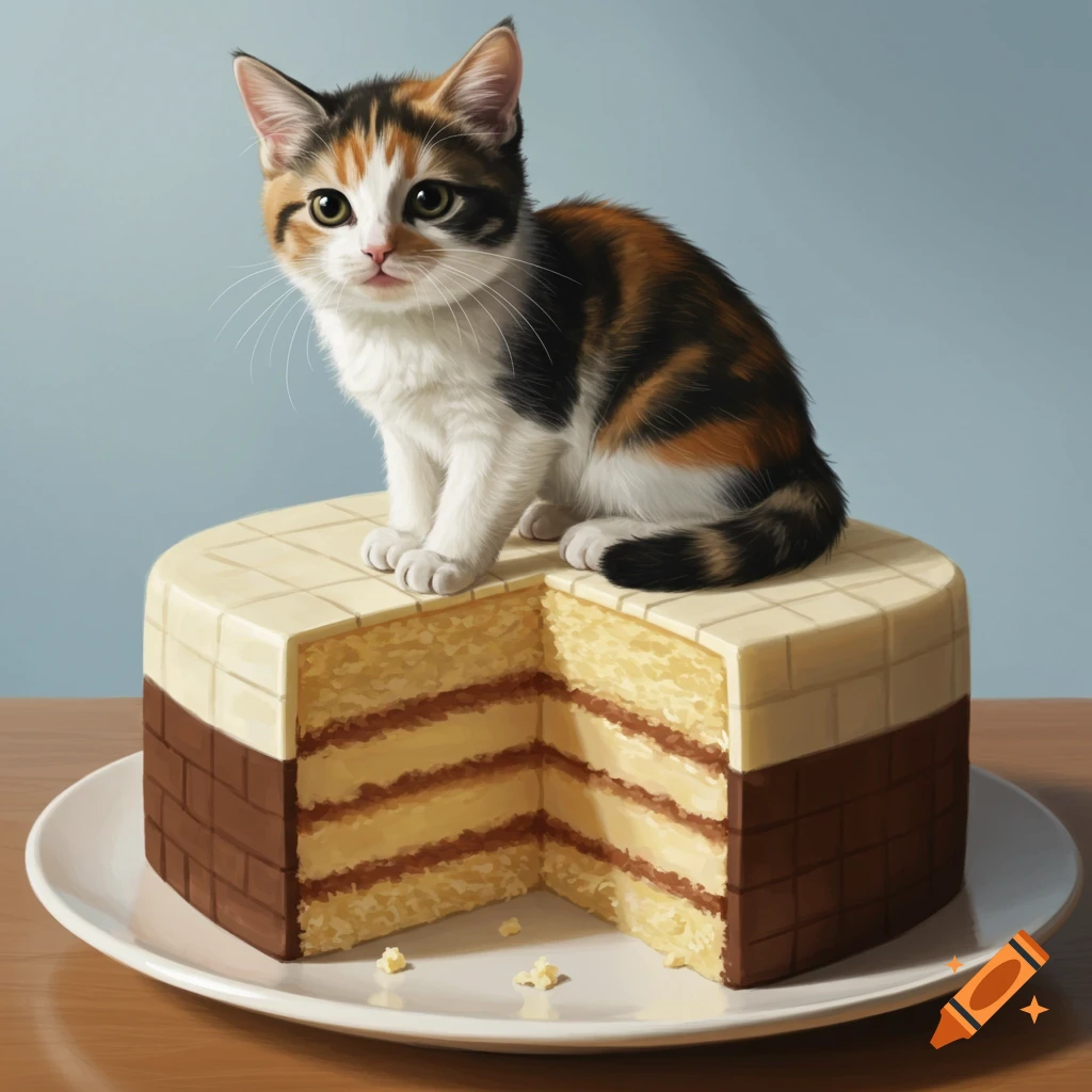 A realistic calico cat sits on a realistic cake with a blocky texture.