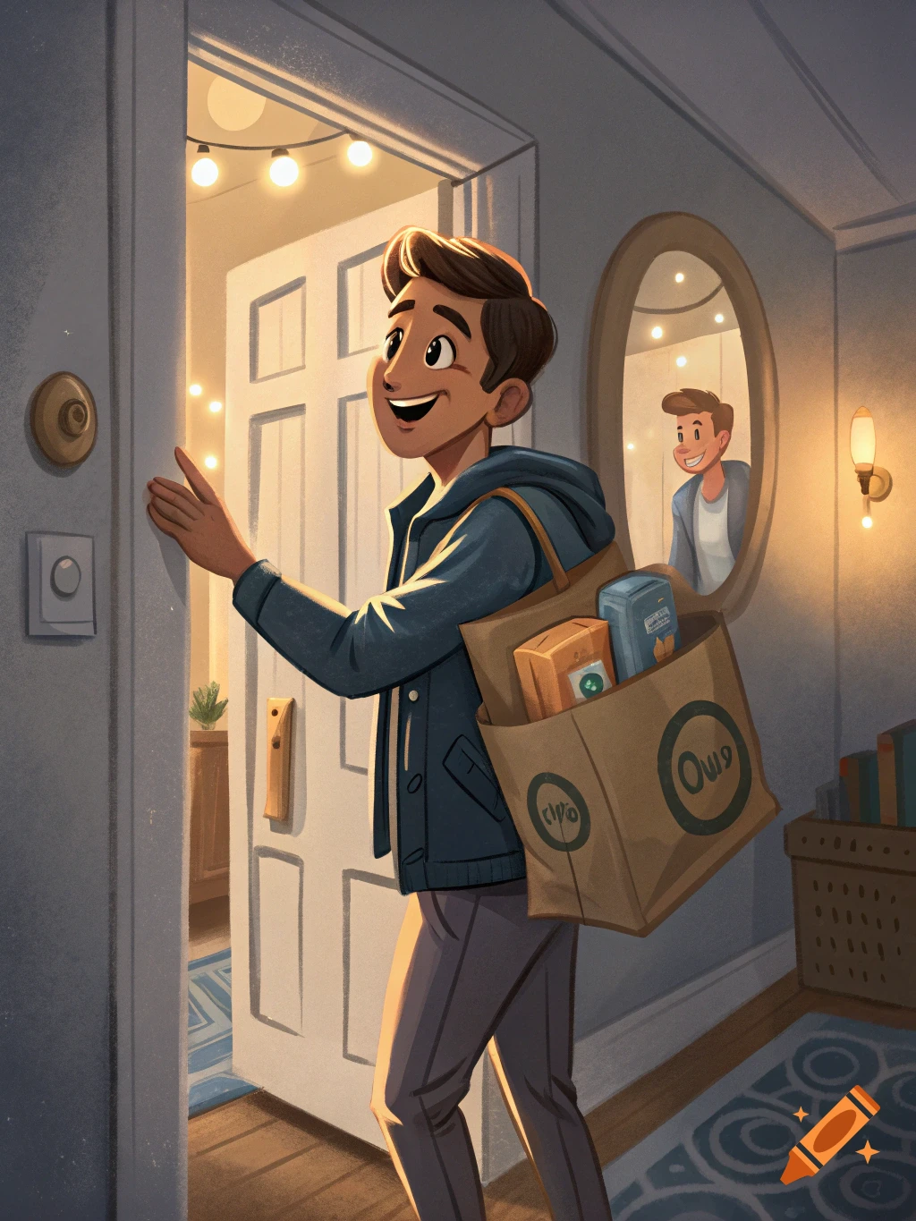 Cartoon illustration of a smiling man with a grocery bag entering a home, reflected in a mirror.