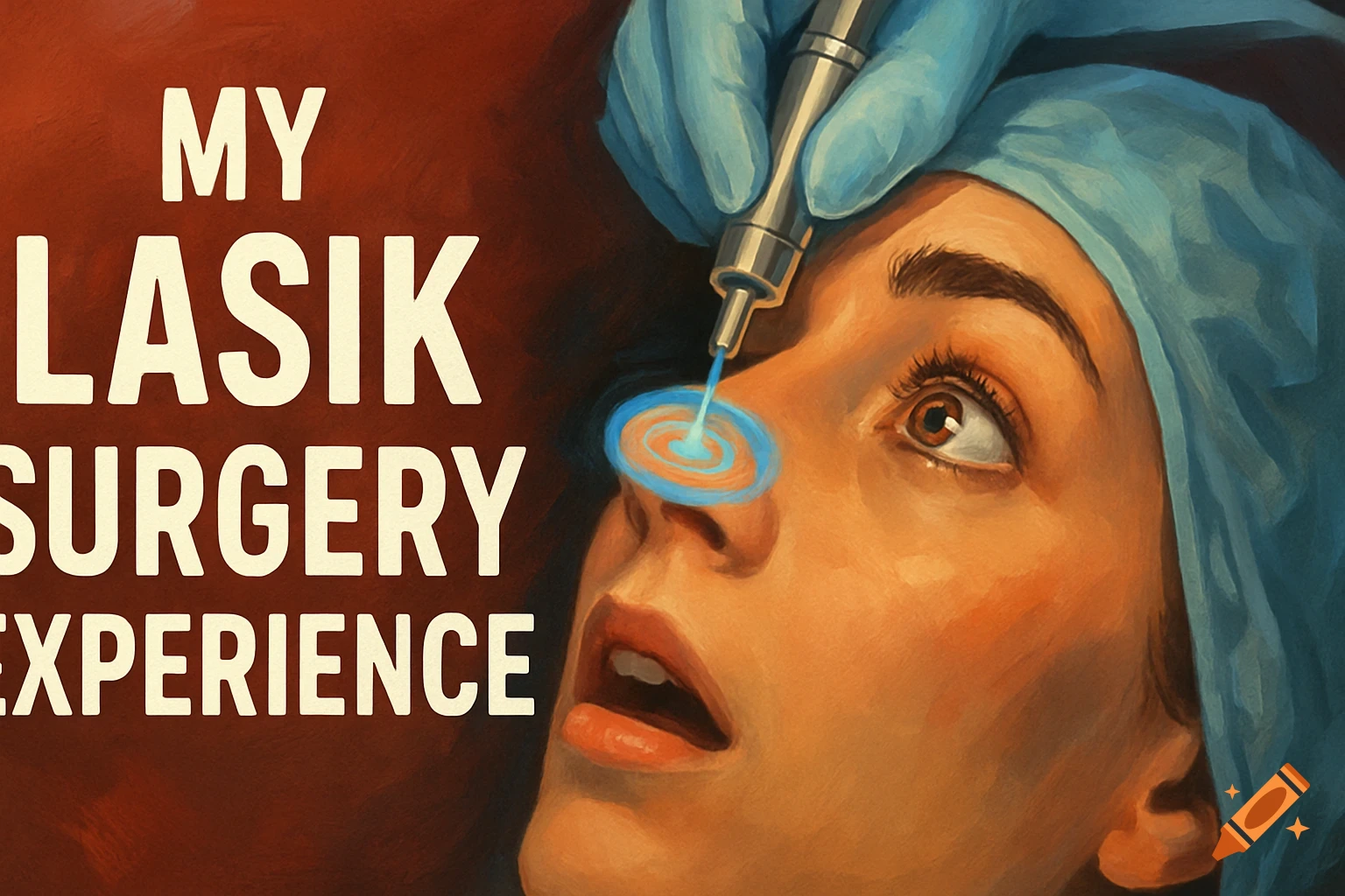 Close-up painted illustration of LASIK eye surgery with text overlay 'MY LASIK SURGERY EXPERIENCE'.