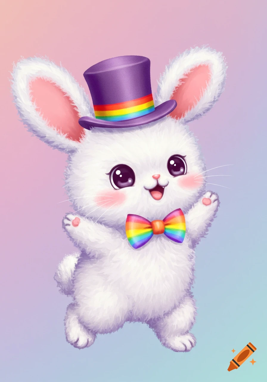 A cute white bunny wearing a purple top hat with a rainbow stripe and a rainbow bow tie.