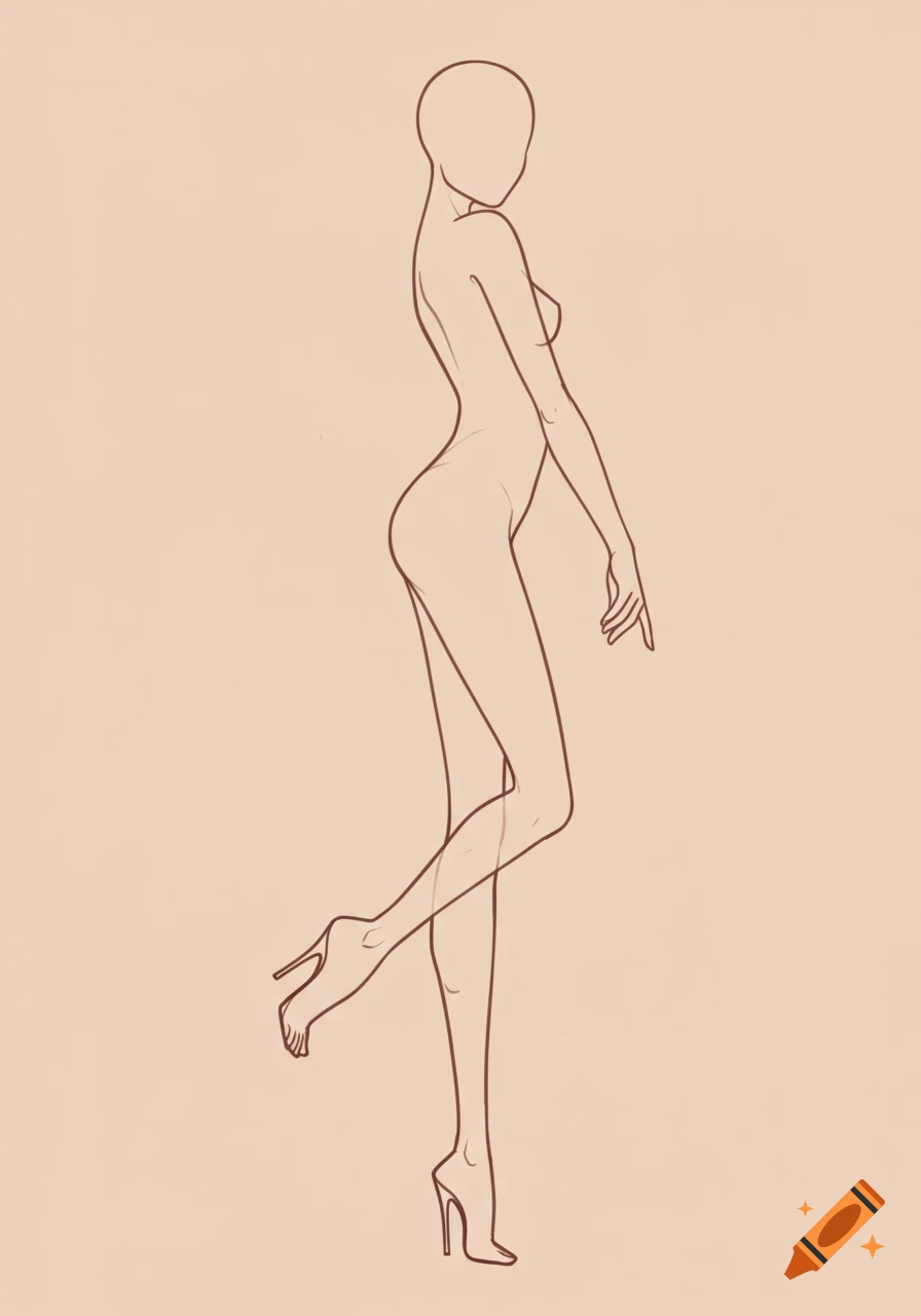 Line drawing of a female figure template in a modeling pose wearing heels.