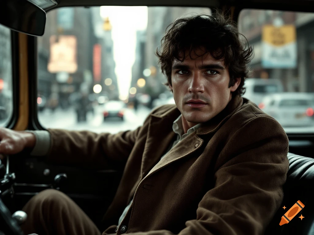 A man in a brown coat sits in the driver's seat of a car, looking at the viewer. City street is blurred in the background.