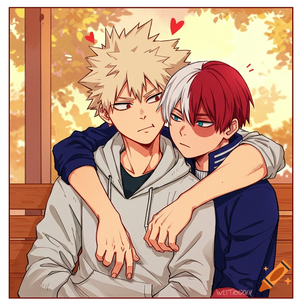 Anime illustration of Bakugou and Todoroki from My Hero Academia embracing on a bench