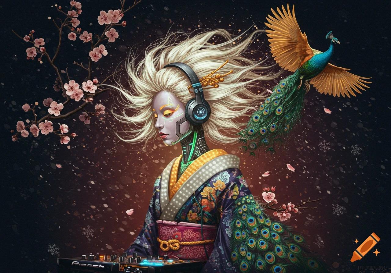 Surrealistic cybernetic geisha DJ with glowing hair, headphones, futuristic kimono, peacock, cherry blossoms, and snowflakes.