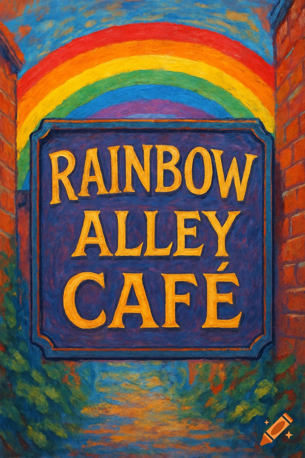 A painterly image of a sign reading 'RAINBOW ALLEY CAFE' under a rainbow in an alley.