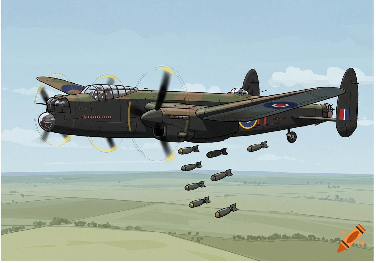 Cartoon World War Two Lancaster bomber dropping bombs over green fields.
