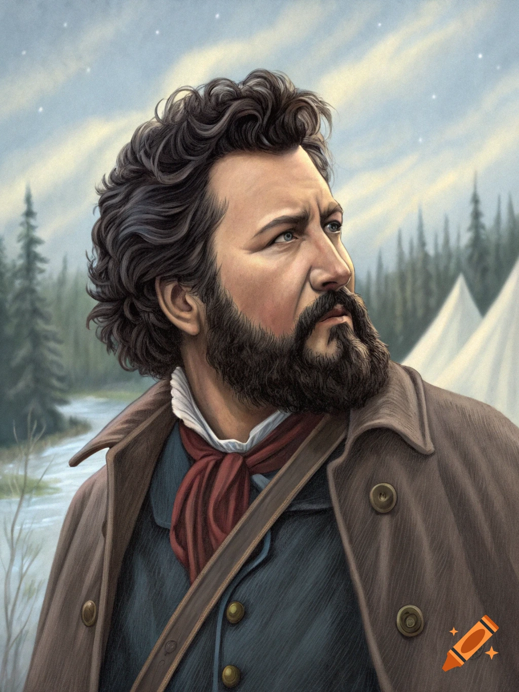 Painted portrait of a bearded man in historical clothes outdoors with trees and tents.