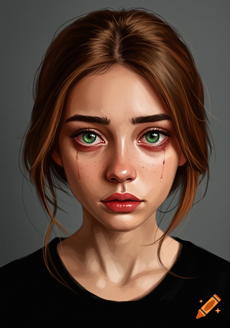 A close-up digital painting of a young woman with green eyes, crying.