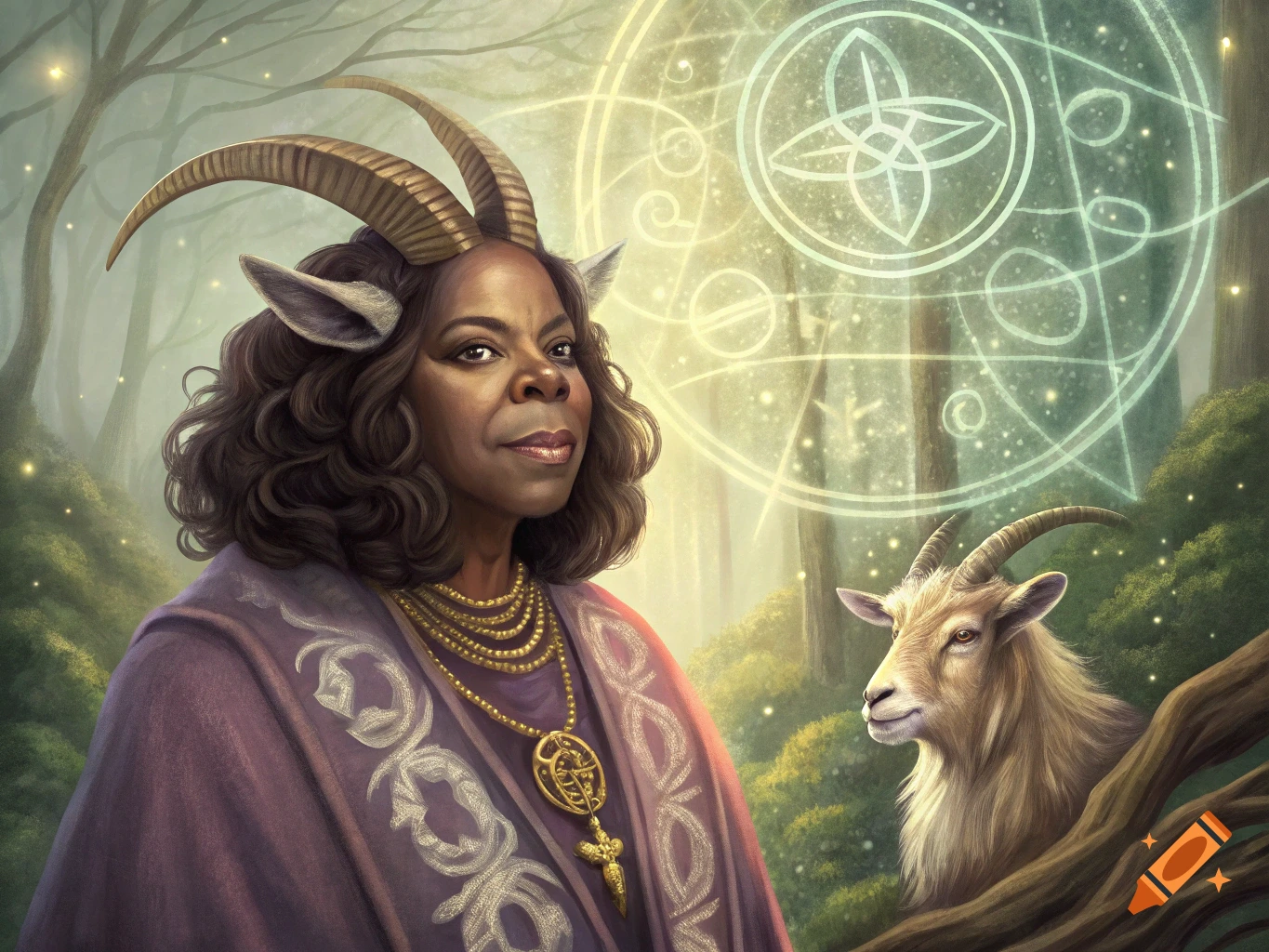 A fantasy illustration of a woman with goat horns and ears, dressed in robes, standing in a forest with a mystical symbol and a goat.