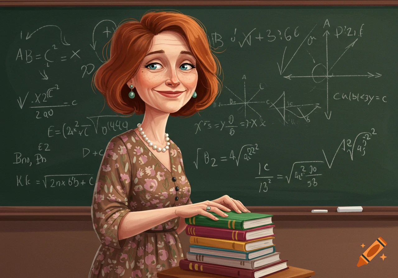 Cartoon illustration of a smiling teacher standing in front of a chalkboard with math equations.