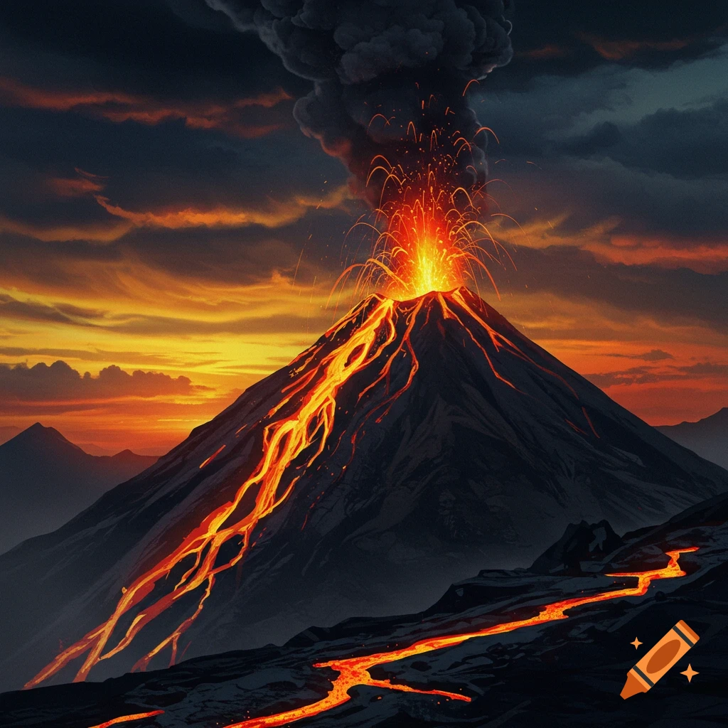 A volcano erupting with lava flowing down its side at sunset.