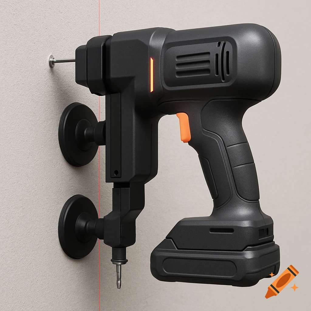 A black power tool with suction cups and a laser line attached to a wall.
