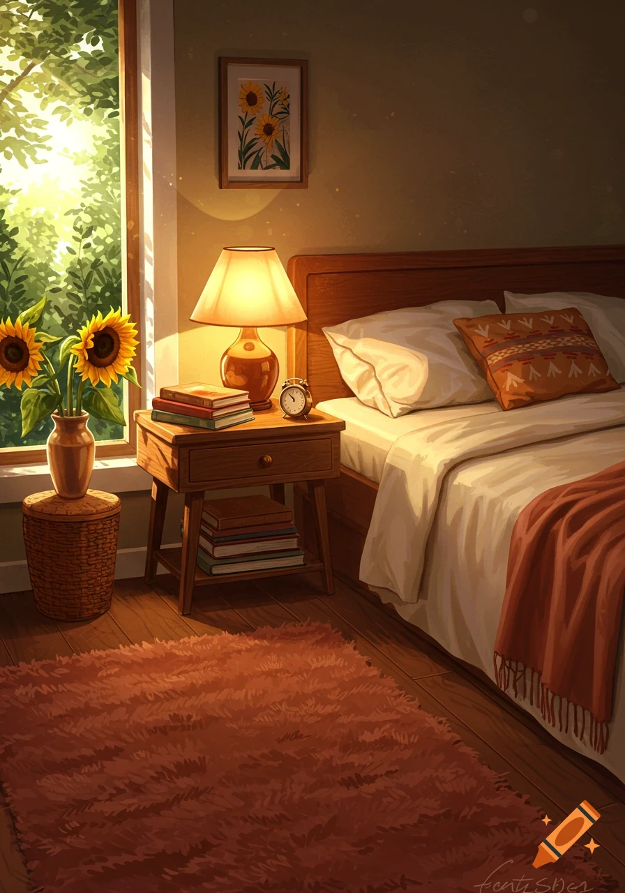 Cozy bedroom with bed, nightstand, lamp, books, sunflowers by sunny window in an illustrative style.