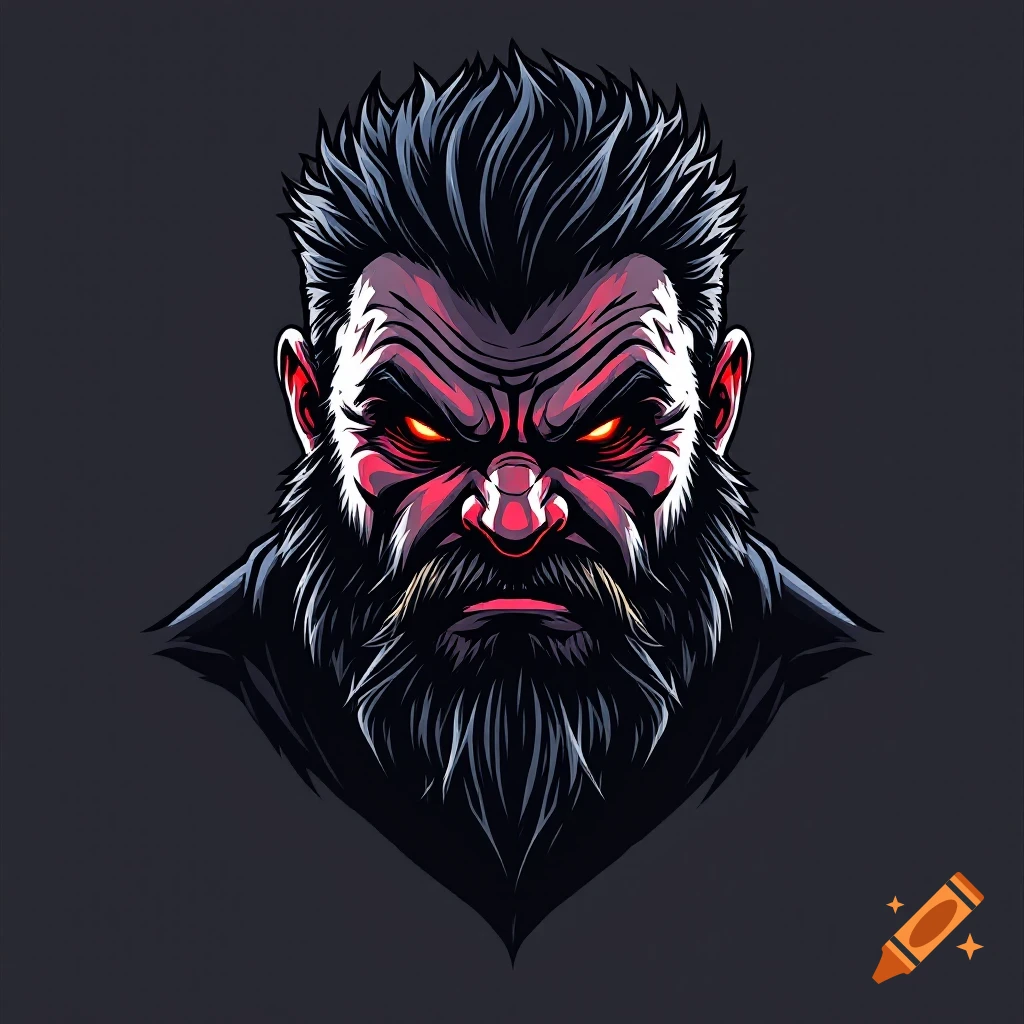 Stylized illustration of a man with a beard and glowing red eyes on Craiyon