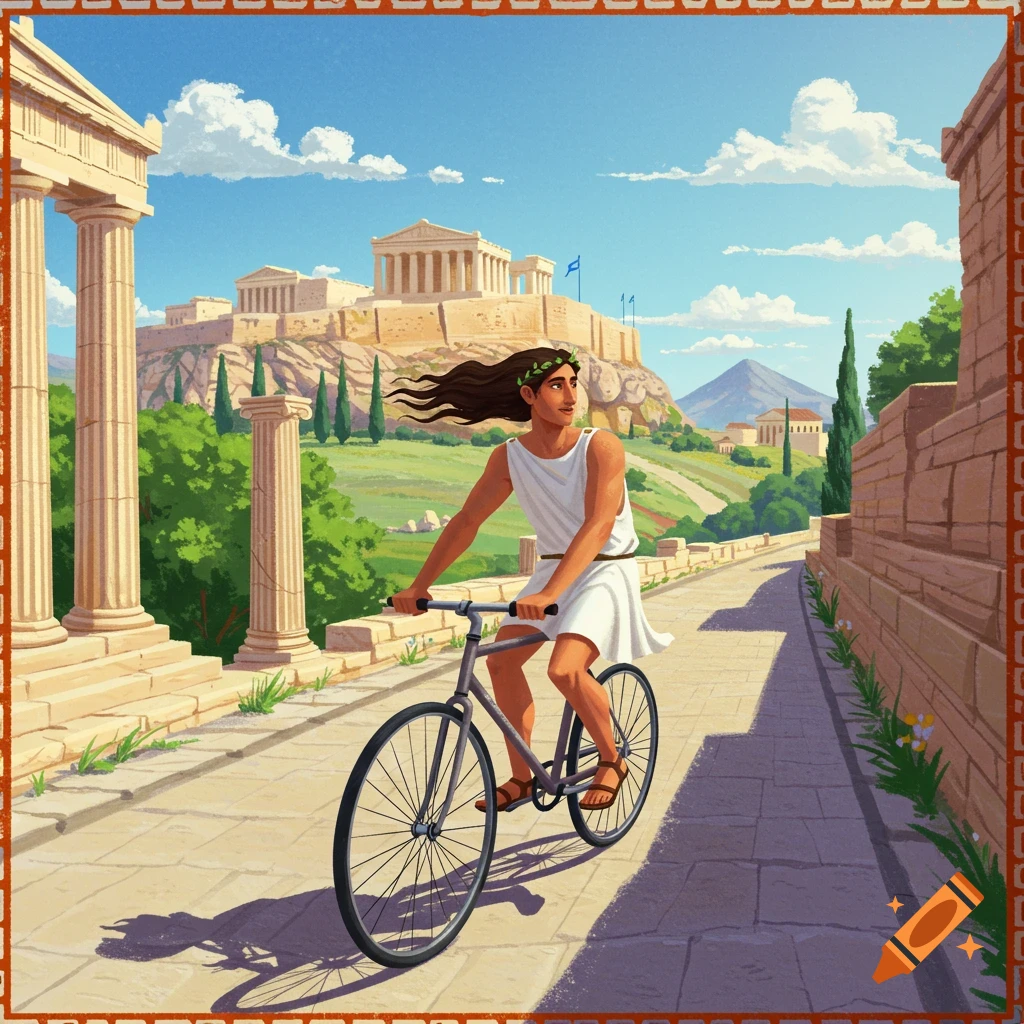 Illustration of a person in ancient Greek attire riding a bicycle on a paved road with the Acropolis in the background.