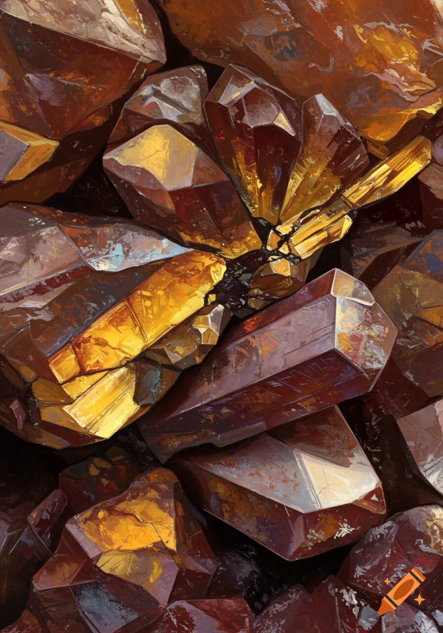Close-up view of faceted brown and gold minerals
