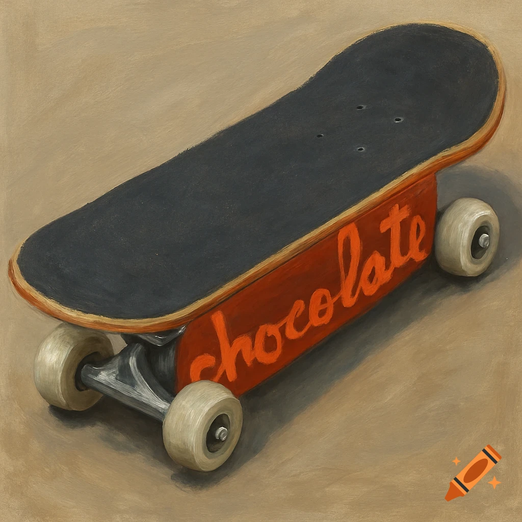 A painting of a skateboard with 'chocolate' written on the bottom.