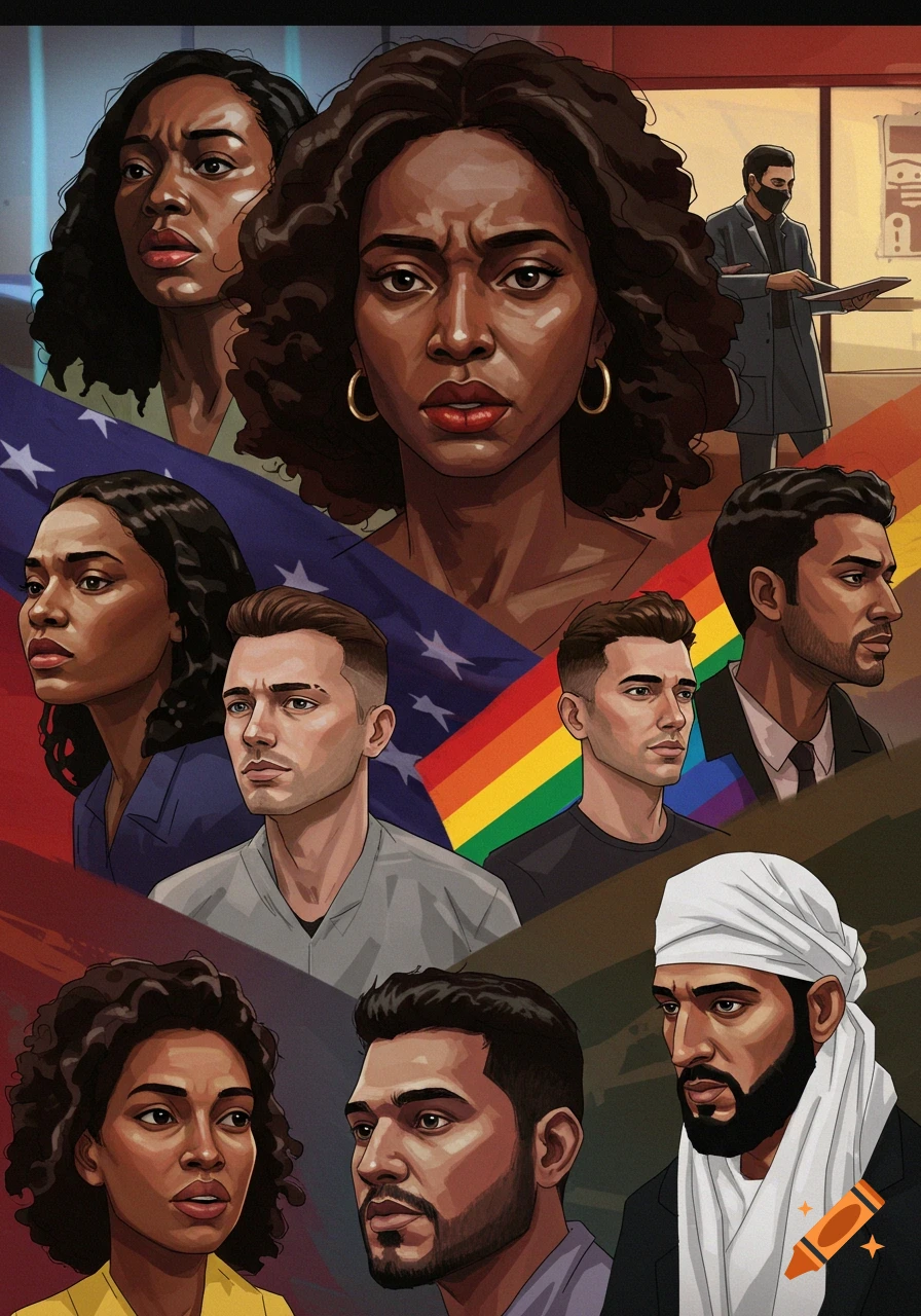 Illustrated collage of diverse portraits overlaid with US and rainbow flags.