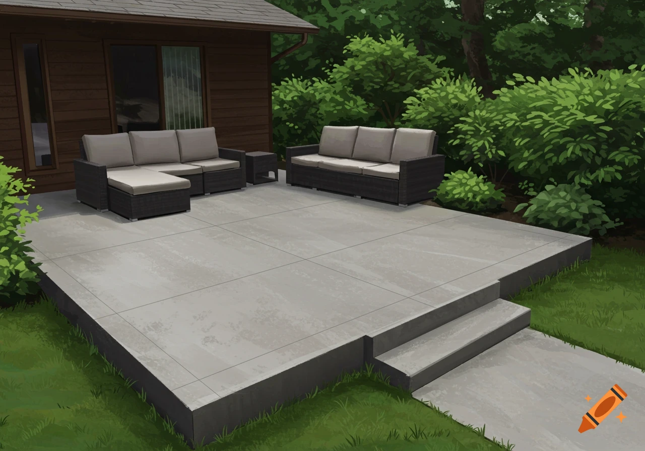 An outdoor scene showing a concrete patio and path with stairs leading down to the patio. Outdoor sofas and a table are placed on the patio next to a building, surrounded by trees and bushes. The image has a slightly painterly style.