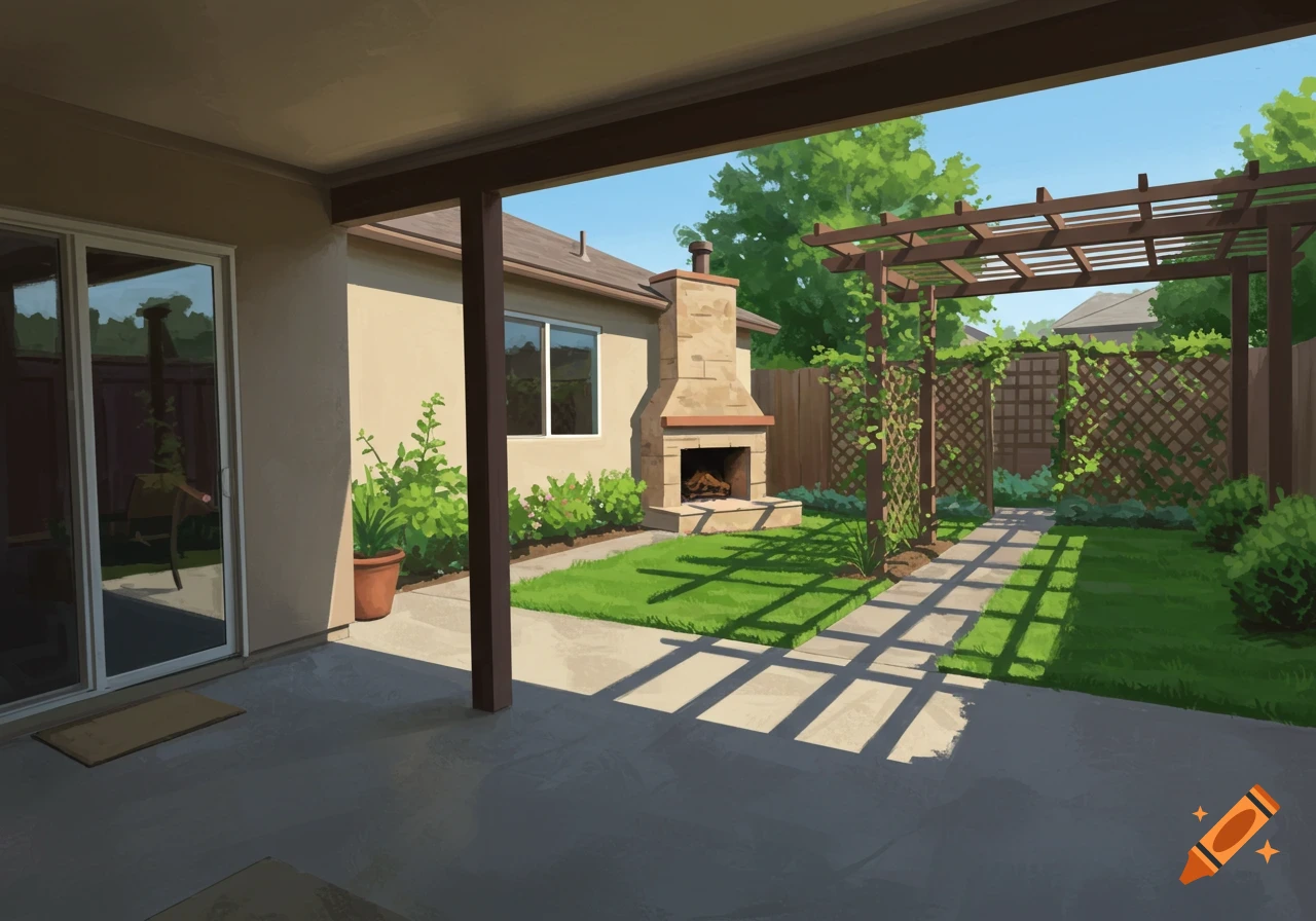 Illustration of a backyard patio with a fireplace, grass, and a wooden trellis.