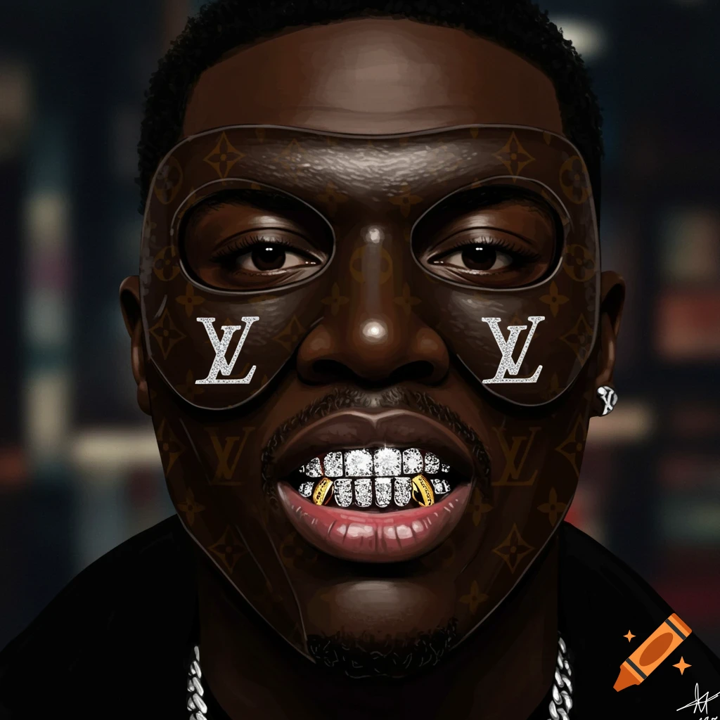 Digital painting of a black man wearing a Louis Vuitton mask and diamond grill.