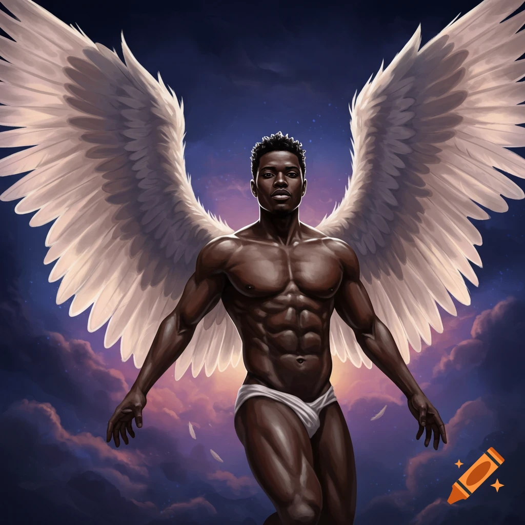 A muscular Black man with large white wings flies against a dramatic sky.