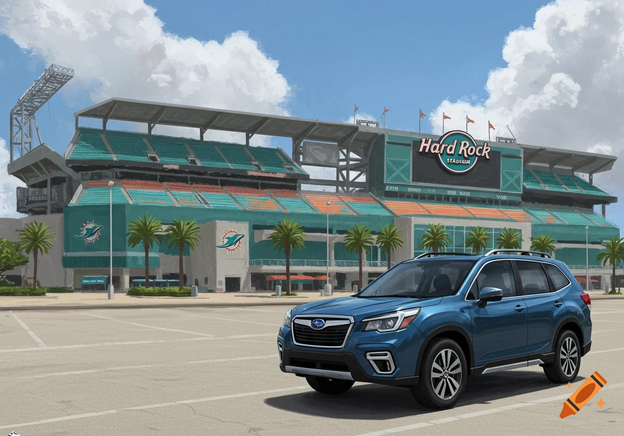 A blue SUV parked in a parking lot in front of Hard Rock Stadium.