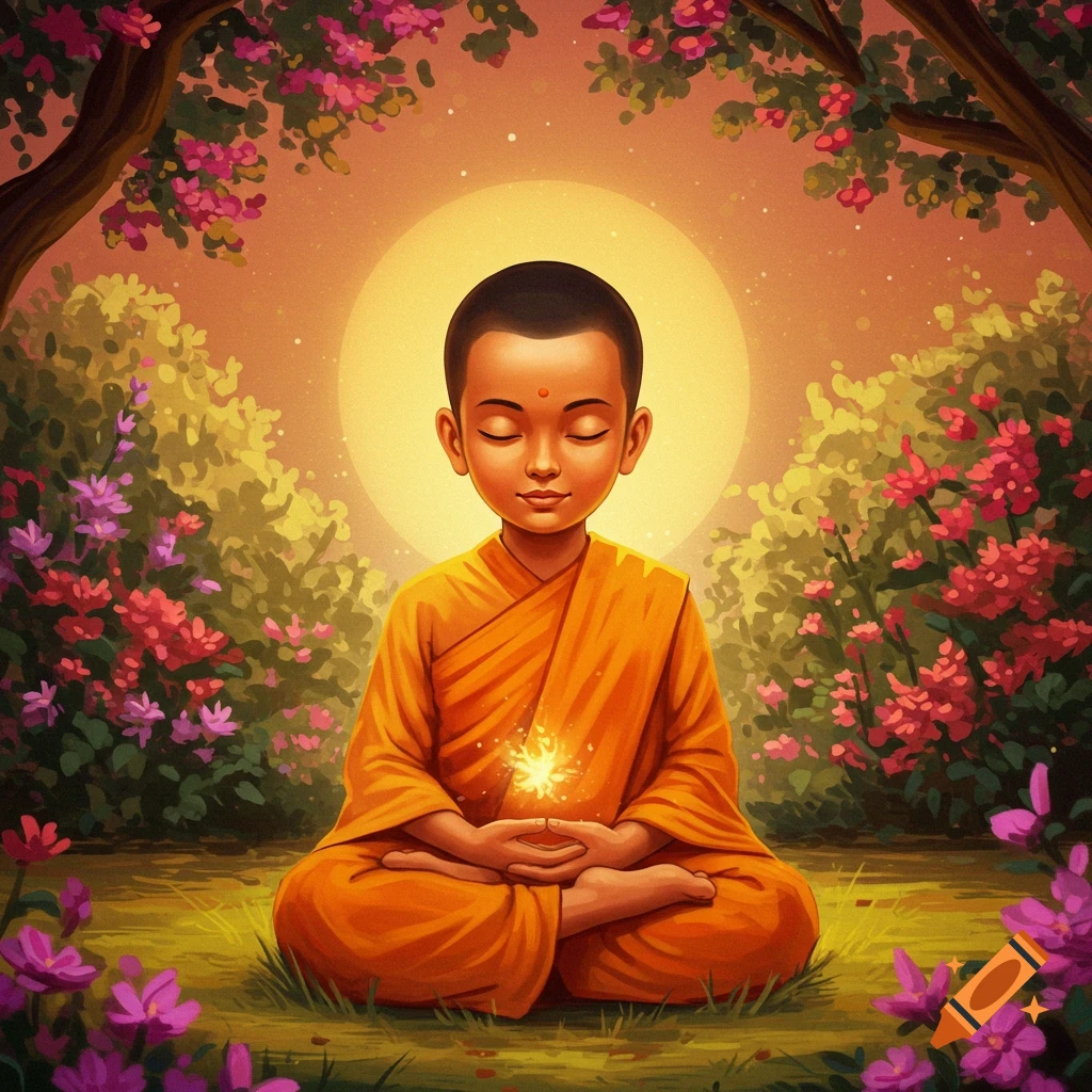 Young person resembling Buddha meditating in a colorful garden with glowing hands.