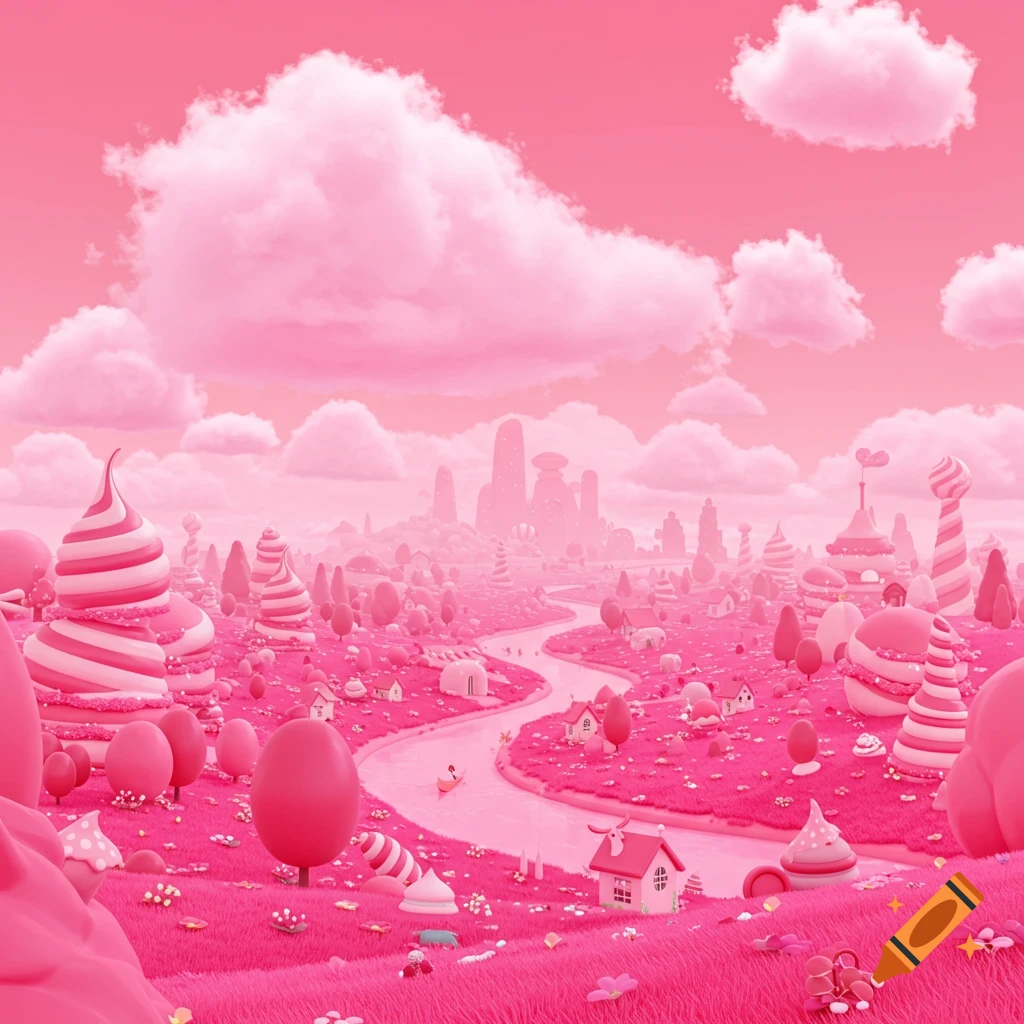 A vibrant pink fantasy landscape with candy-like buildings, a winding river, and fluffy clouds.