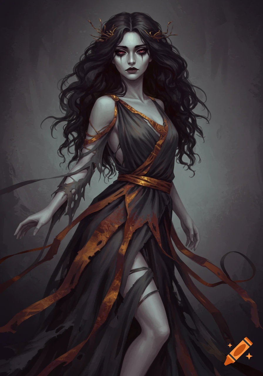 A dark-haired woman with pale skin and red eyes in a torn dark and gold ...