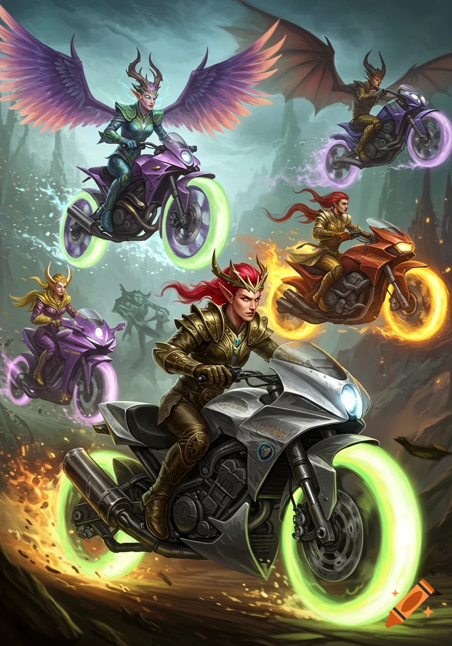 A group of diverse fantasy creatures ride motorcycles through a mythical landscape.