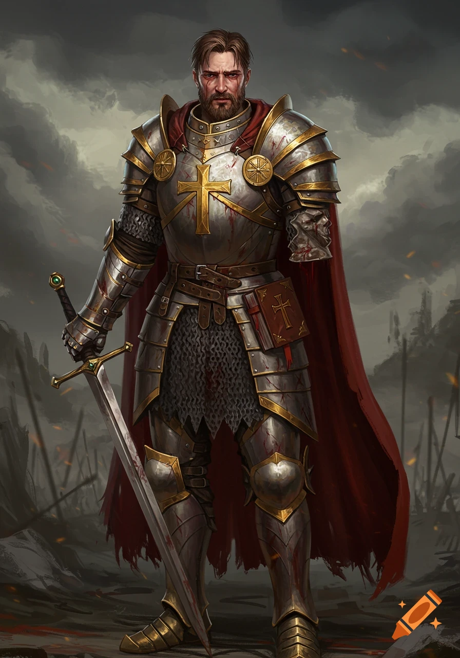 A one-armed knight in ornate armor stands with a sword on a blood-splattered battlefield.