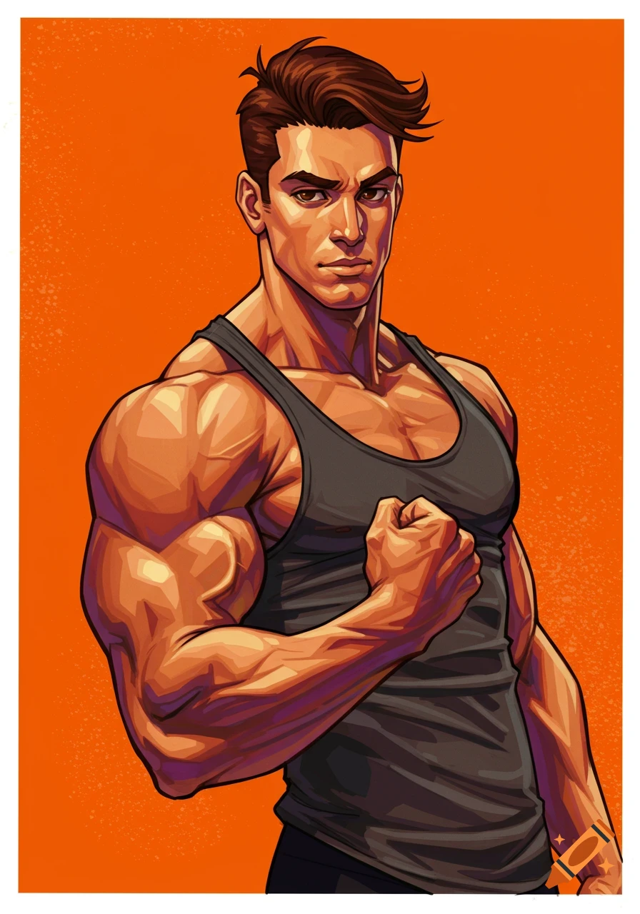 Illustration of a muscular man in a tank top flexing his arm against an orange background.