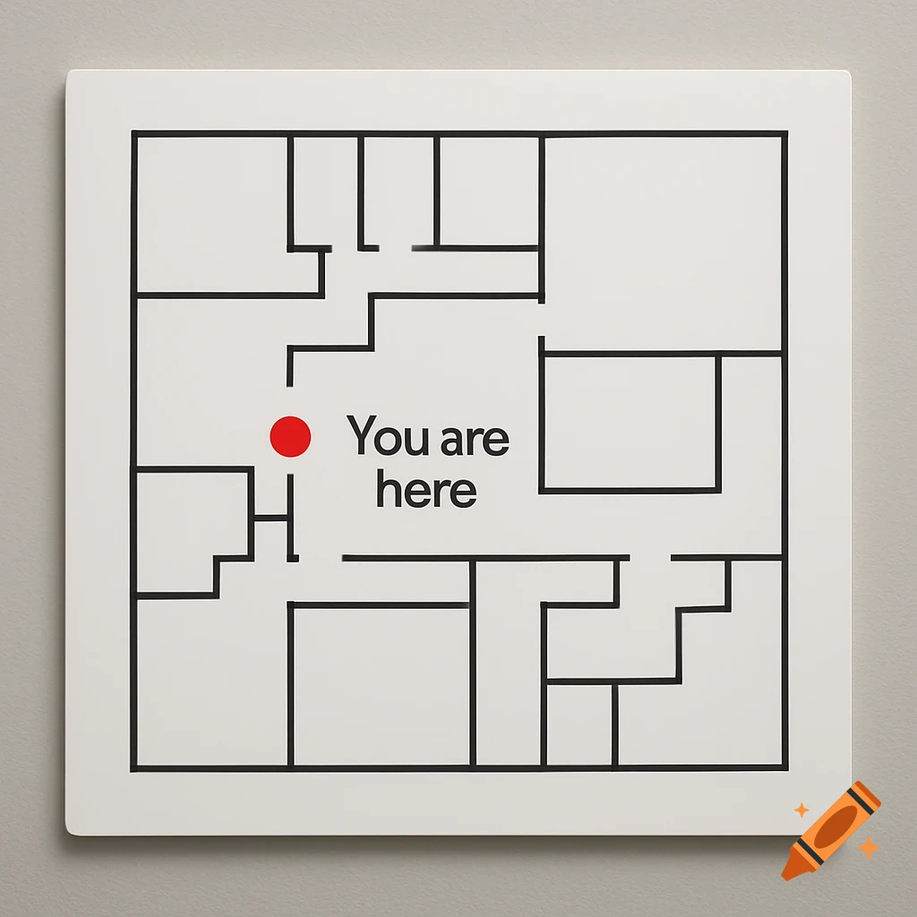Floor plan map with a red dot and 'You are here' text