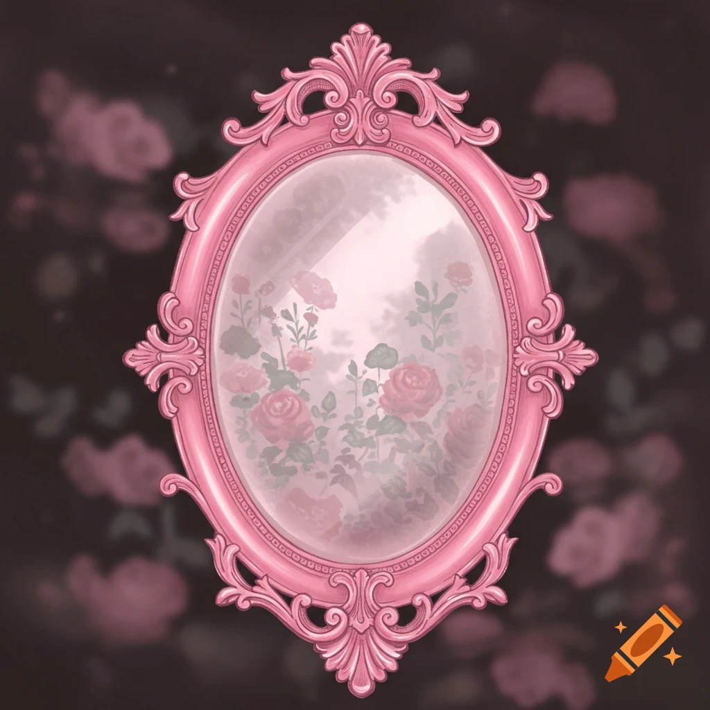 Illustration of an ornate pink mirror reflecting a cluster of roses against a dark background.