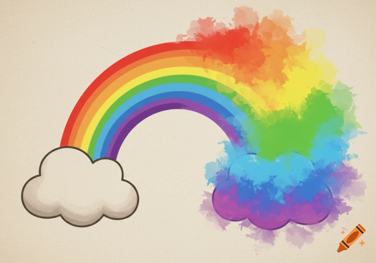 A cartoon rainbow arching from a cloud to a watercolor splash of color.