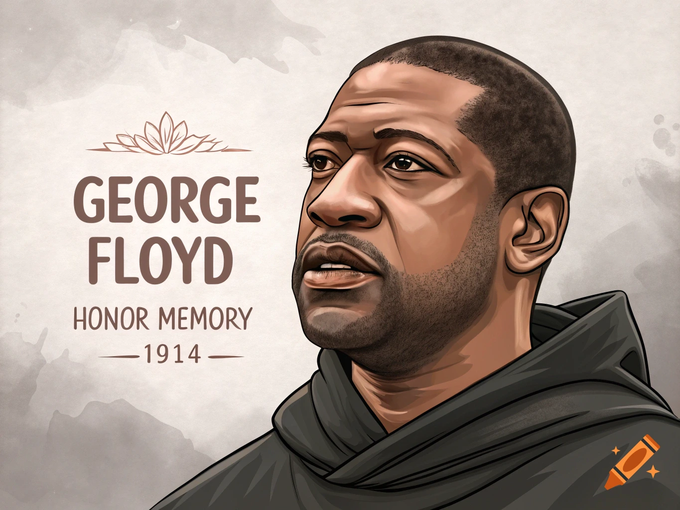 Stylized portrait of George Floyd with memorial text