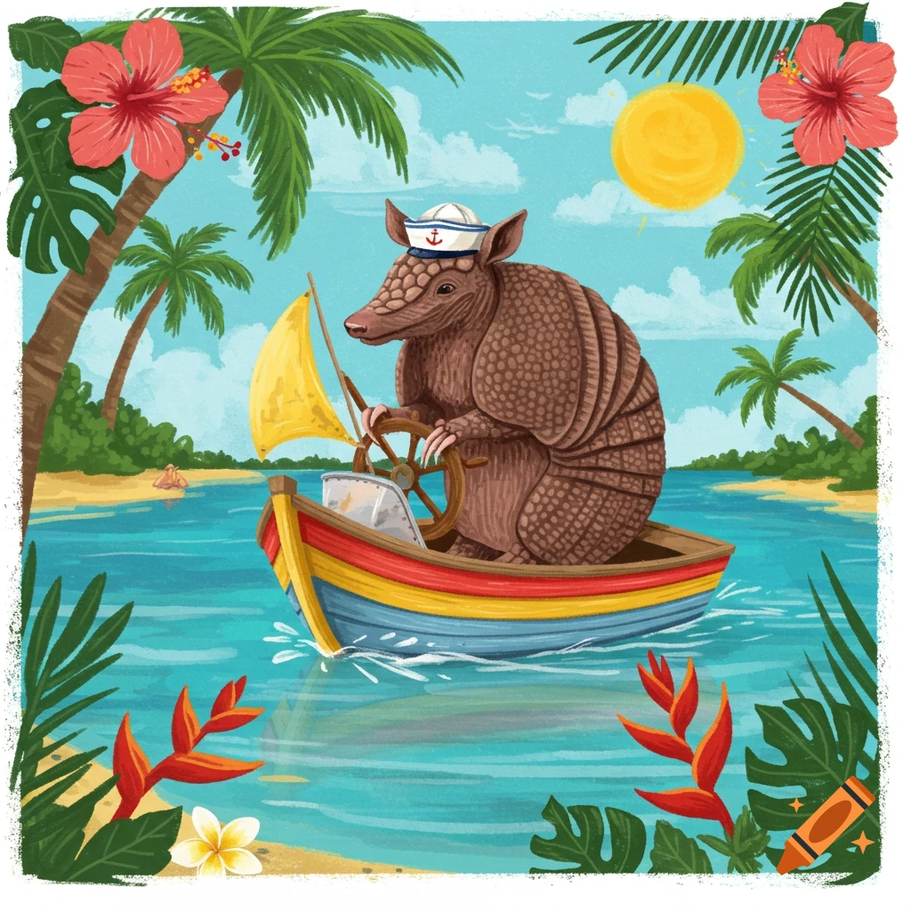 A cartoon armadillo in a sailor hat steers a colorful boat in tropical water.
