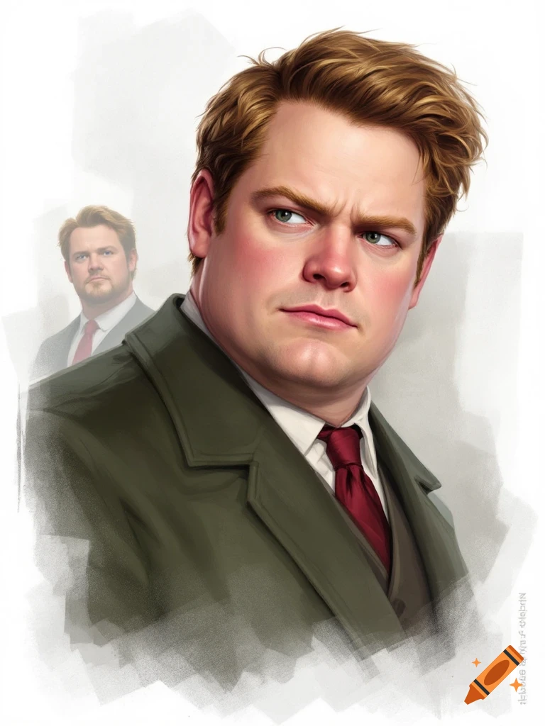 Digital portrait of a man in a suit and trench coat, with another man in the background