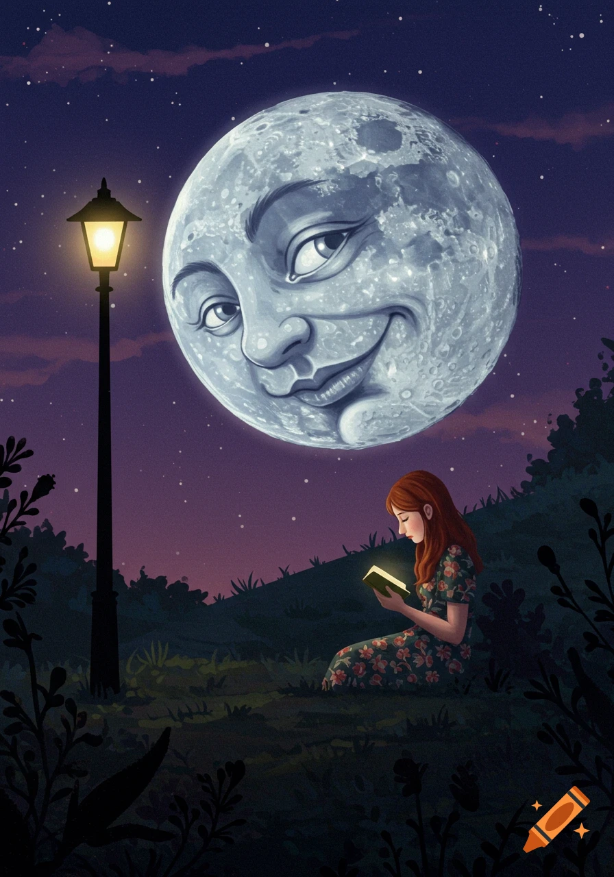 An illustration of a girl reading a book under a lamp post at night, with a large, smiling full moon watching over her.